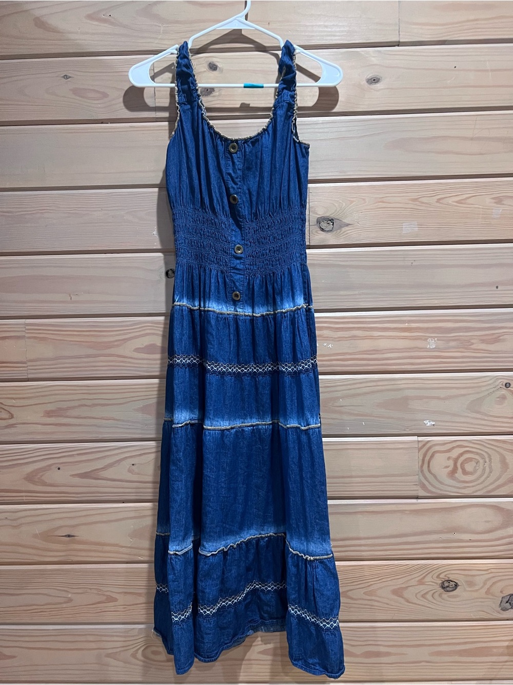 Sleeveless Blue Tiered Maxi Dress with Button Front